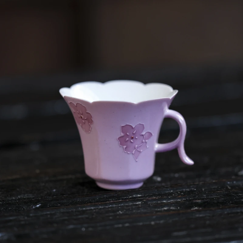 紫色花朵把手咖啡杯（斋居底款）60ml（Q6853）