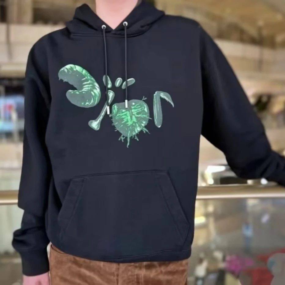 全新未使用 DIOR/迪奥 男士黑色胸口绿色图案长袖连帽卫衣 124654