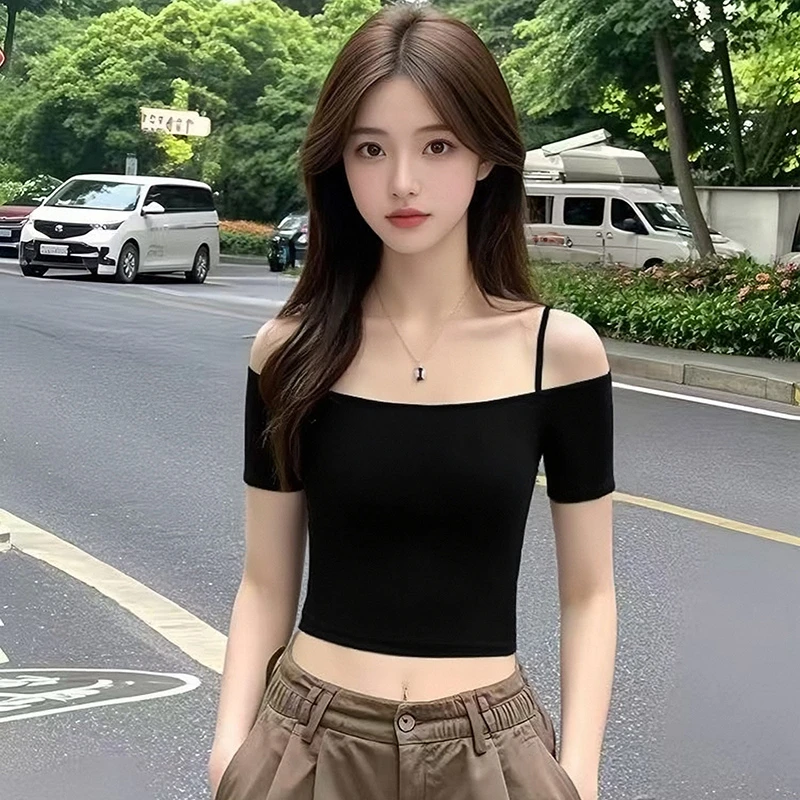 辣妹性感露肩短袖T恤女夏季新款吊带修身显瘦纯欲风短款上衣时尚