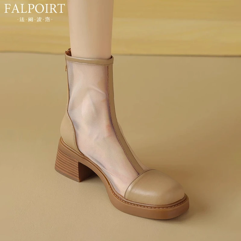 FALPOIRT夏季马丁短靴女网纱透气真皮2025新款爆款粗高跟凉靴百搭