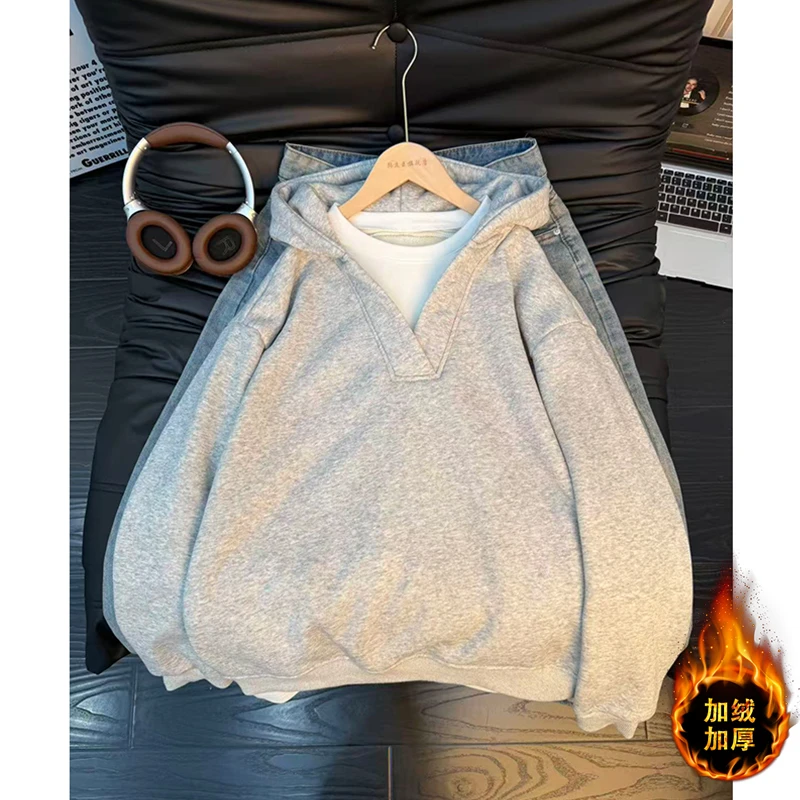 假两件连帽卫衣男女款秋冬美式加绒外套cleanfit重磅休闲情侣上衣