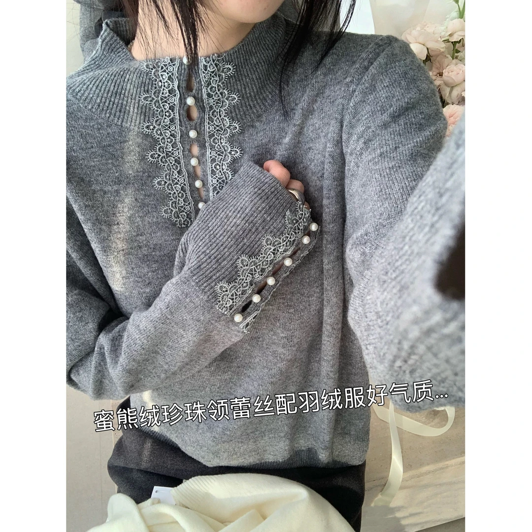 蜜熊绒+羊毛」半高领蕾丝拼接打底衫秋冬新款针织衫洋气宽松女毛衣