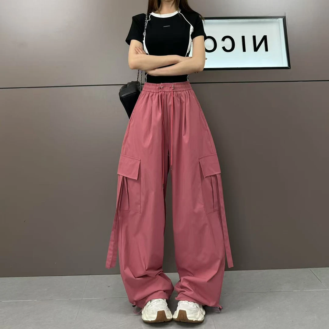 夏季时尚气质感水洗棉工装轻薄重工阔腿直筒宽松休闲裤