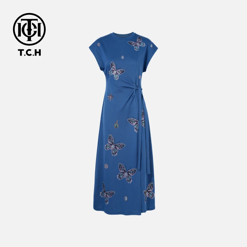 TCH烫钻工艺时尚休闲气质蝴蝶连衣裙女T75B30E5306轻奢tch