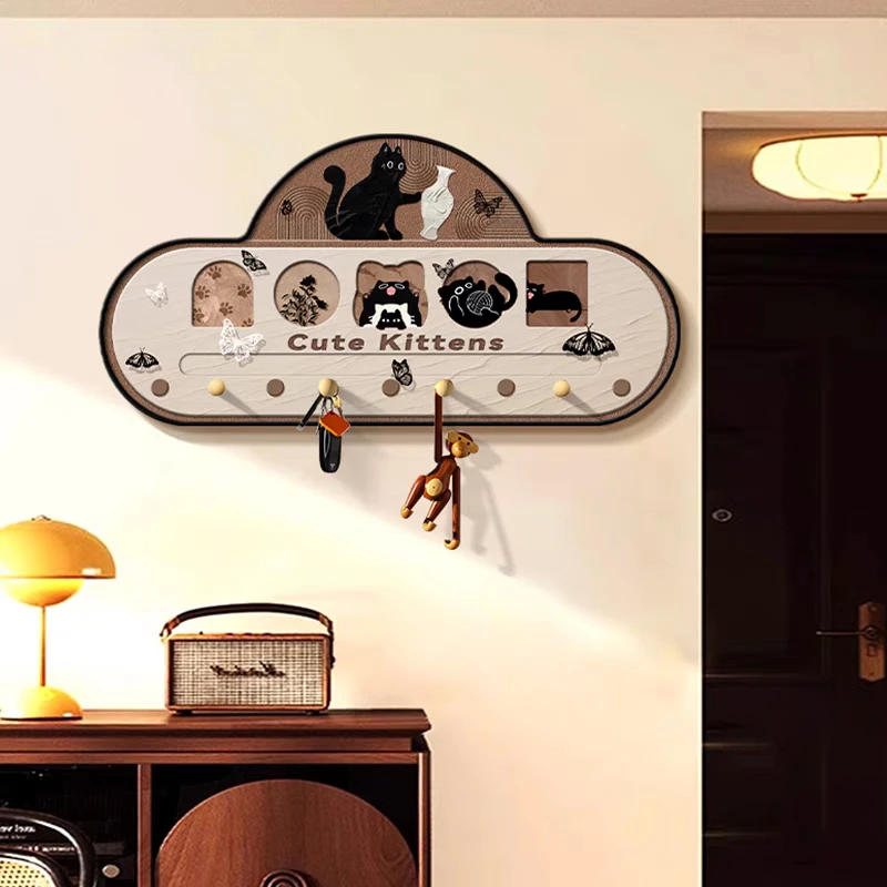卡通猫咪入户门口挂衣架门后装饰置物架玄关钥匙洞洞板装饰画624