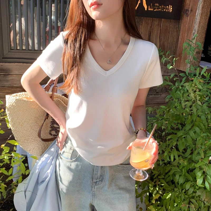 韩版白色V领短袖t恤女夏季2025新款宽松休闲半袖百搭纯色显瘦上衣