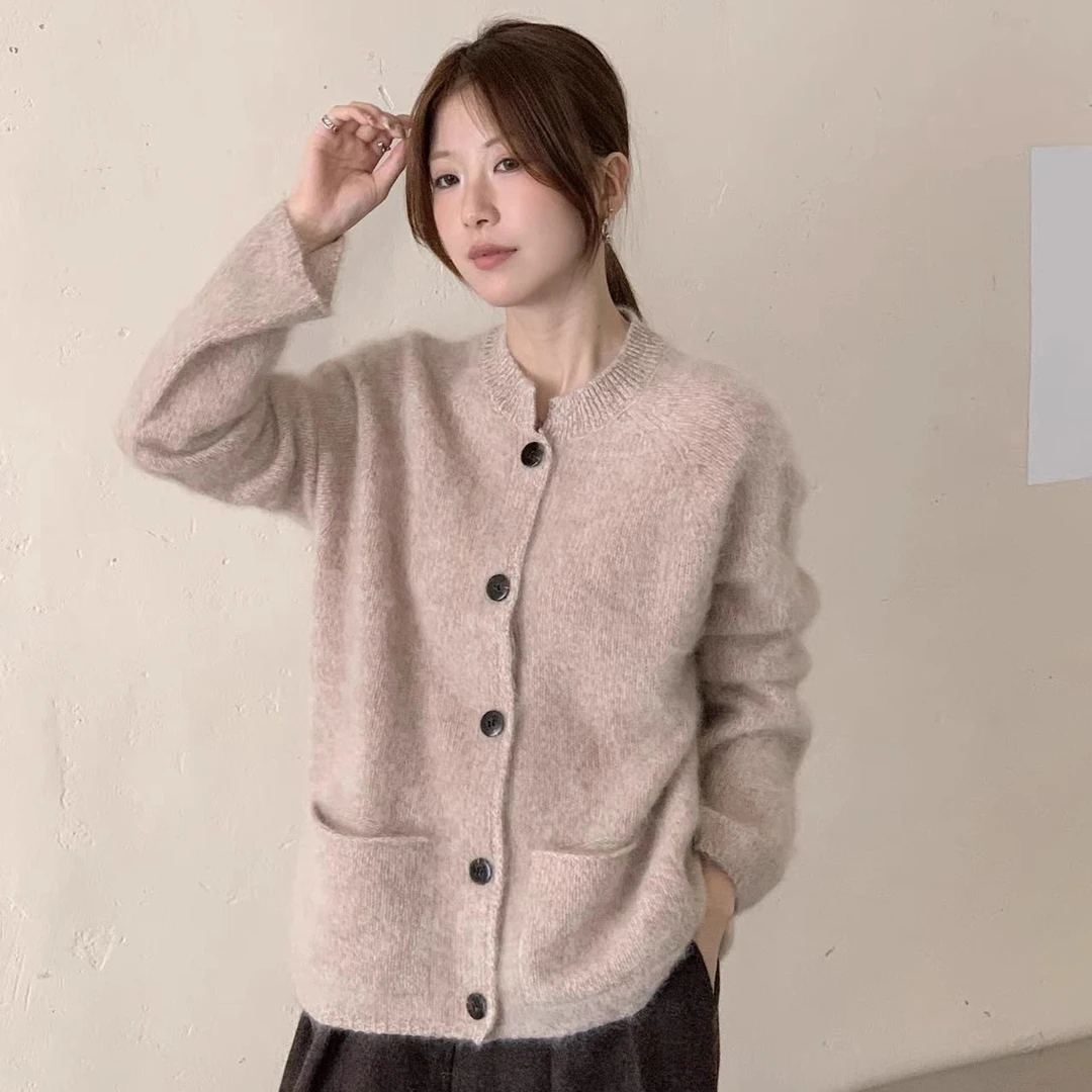 全毛拉毛剪刀领花纱长袖针织开衫女 胸围53 衣长63 381克 FY03