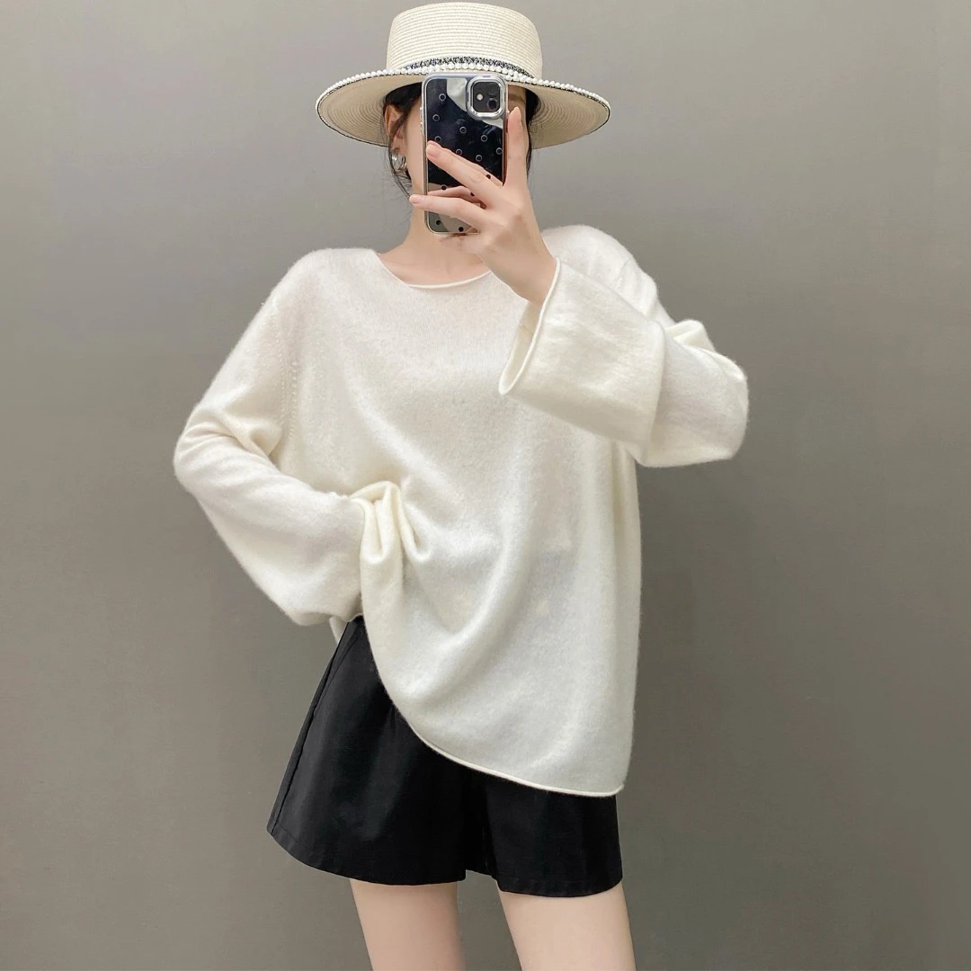 ZRY-087已开价 一字领宽松慵懒风羊绒衫纯色长袖百搭女士上衣罩衫