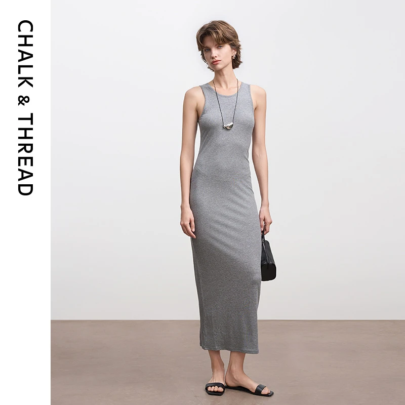 CHALK&THREAD长款修身垂感弹力莱赛尔罗纹针织U型领背心连衣裙