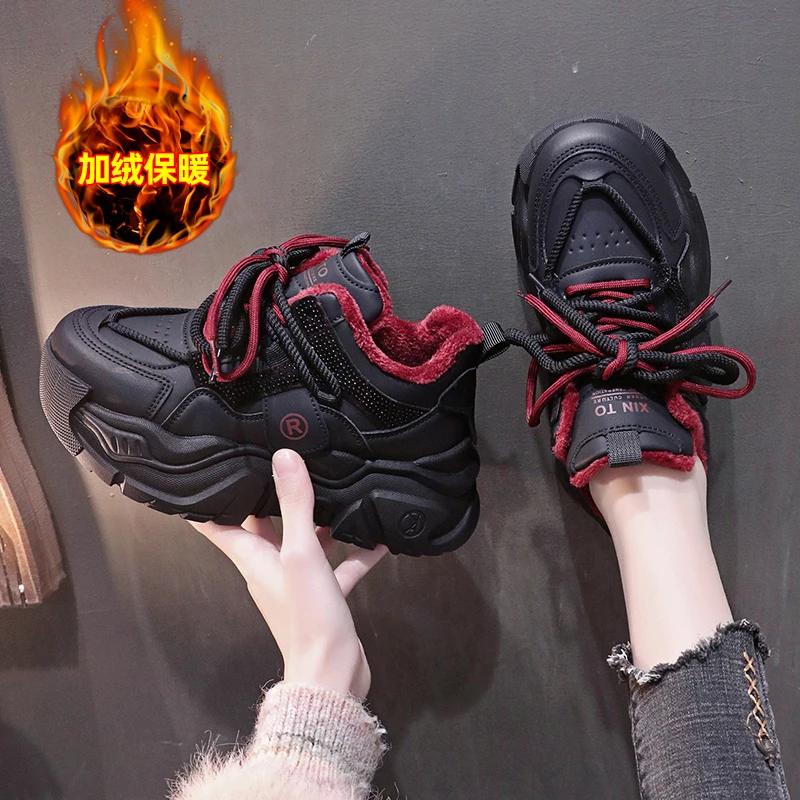网红爆款老爹鞋鞋子女款秋冬加绒加厚百搭厚底增高系带休闲运动鞋