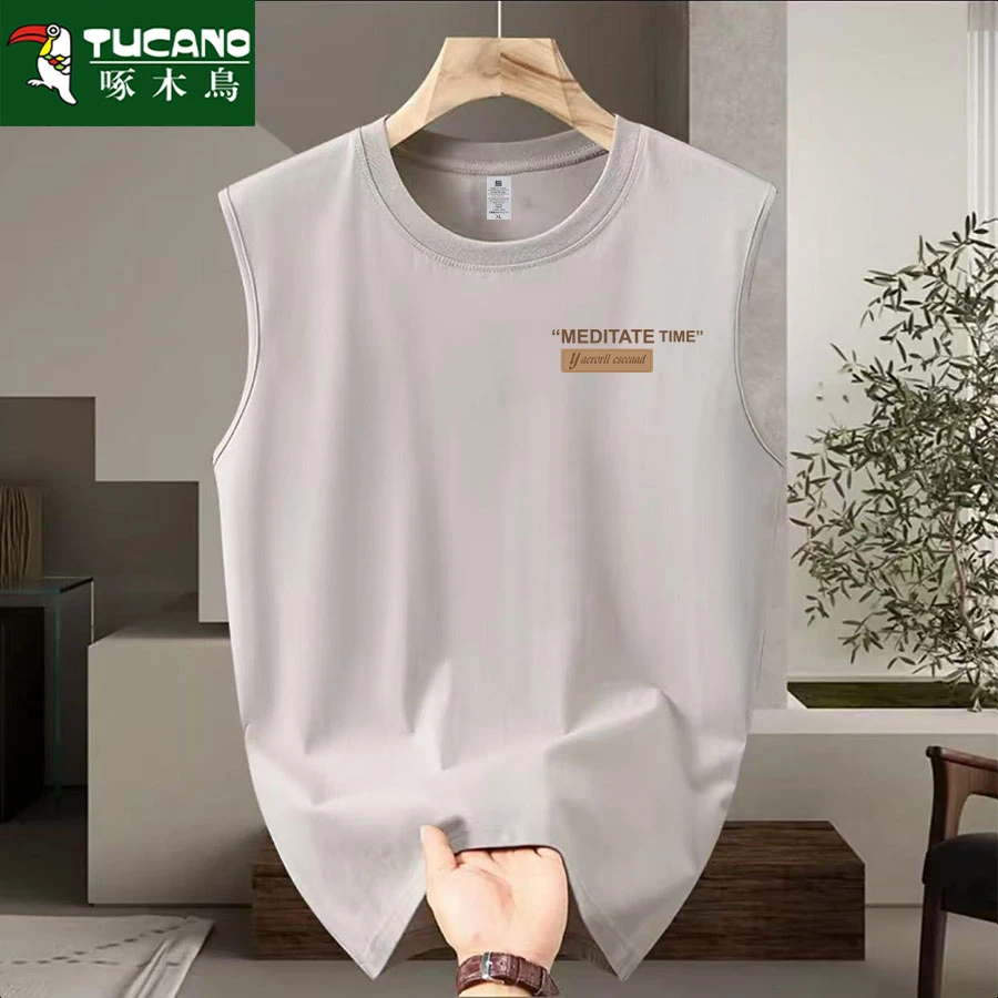 啄木鸟纯棉男士无袖背心休闲宽松夏季圆领无袖恤运动跨栏健身坎肩