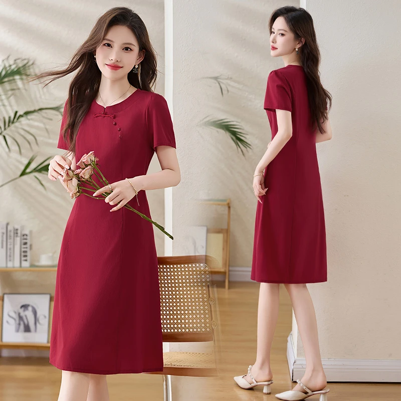 红色新中式国风连衣裙女2025年夏季新款高级感复古气质中长款裙子