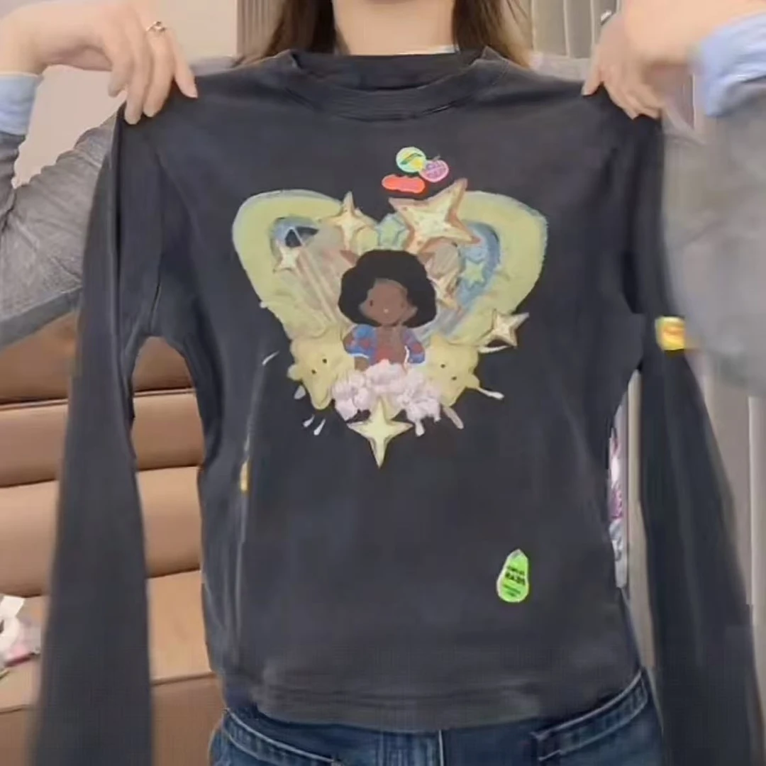 小众设计爆炸头女孩印花烫钻长袖T恤女秋冬2025新款设计感时尚