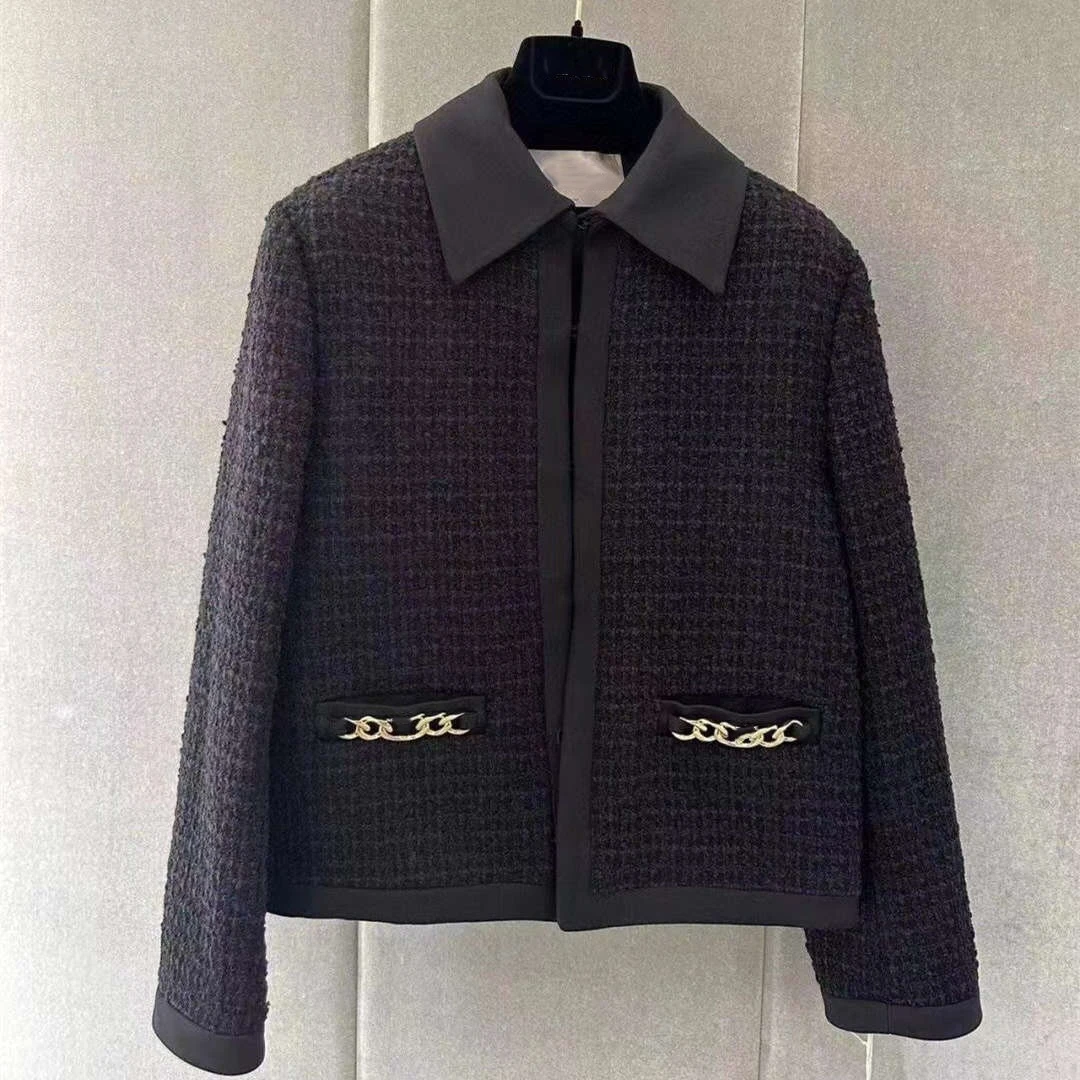 黑色编织翻领链条外套