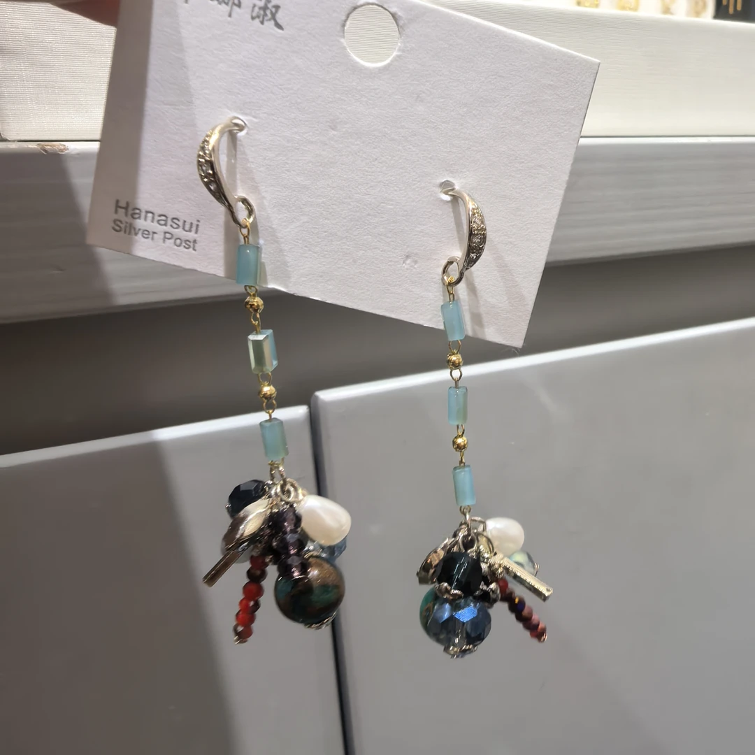 C411蓝色球流苏耳钩款耳饰