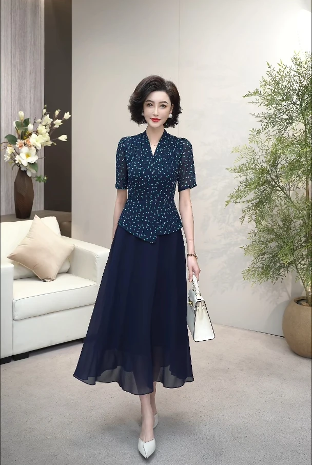 2025夏高奢藏蓝色包裹式V领天丝乔其纱烫金印花套装连衣裙WF3288