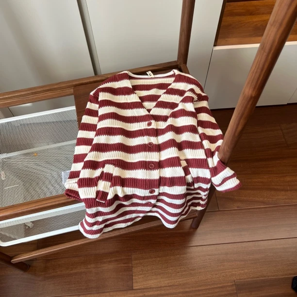 【编号M414】69097-02-儿童长款横条毛线开衫 红条纹-LGG