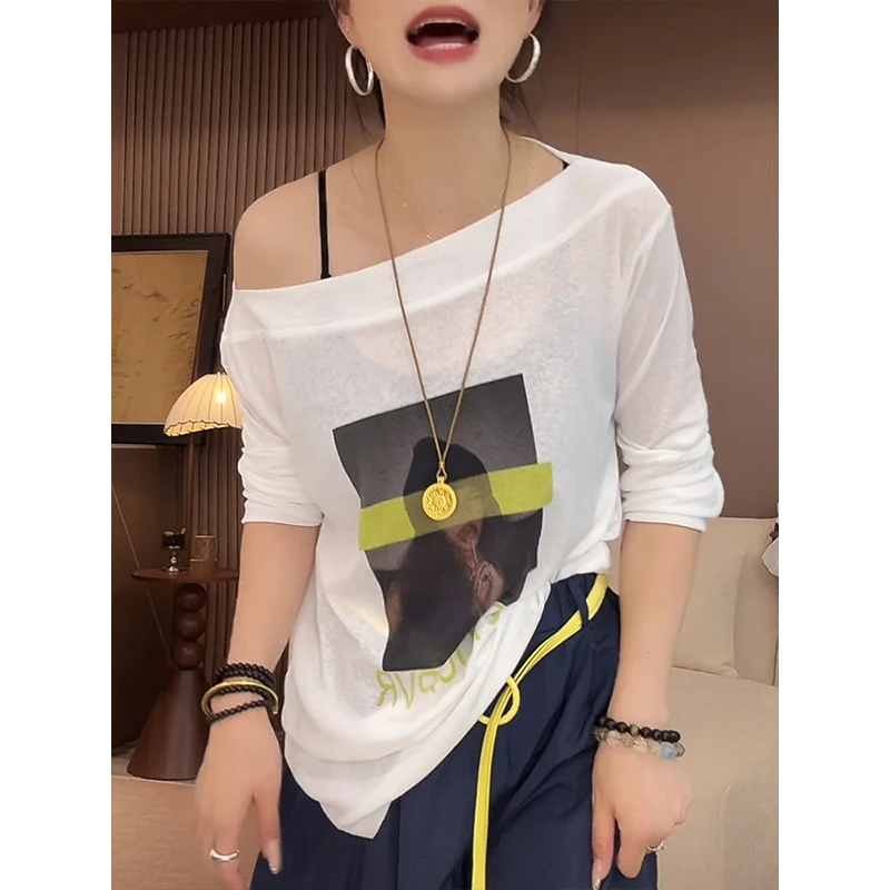 【糖果女孩】韩系穿搭斜肩露肩长袖防晒T恤女夏新款独特超好看上衣