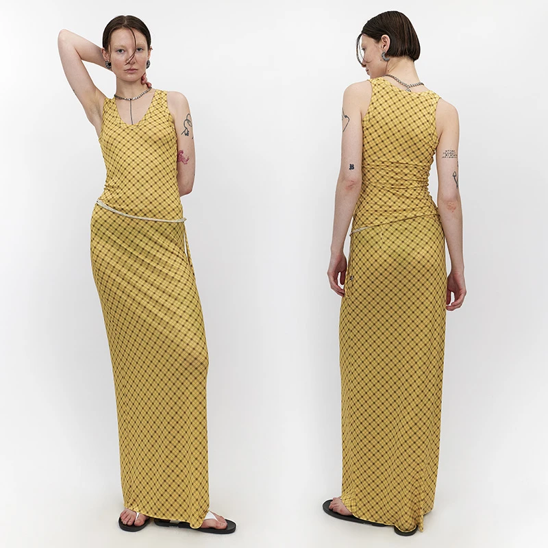 WEARABLE EVENT经典格纹印花长裙Classic Check Print Maxi Skirt