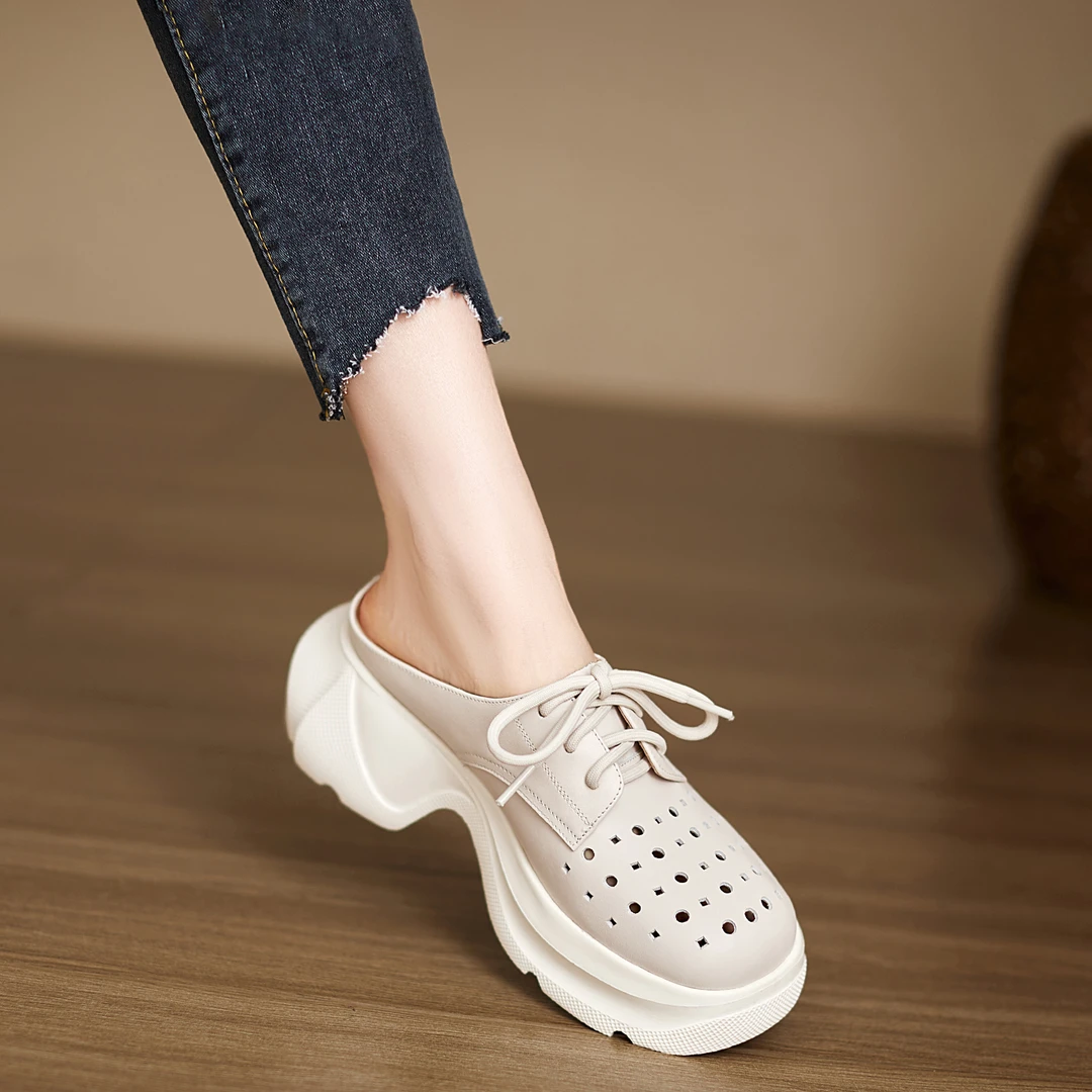 小个子手工女鞋6.5cm~厚底松糕鞋包头洞洞半托鞋女外穿镂空穆勒鞋