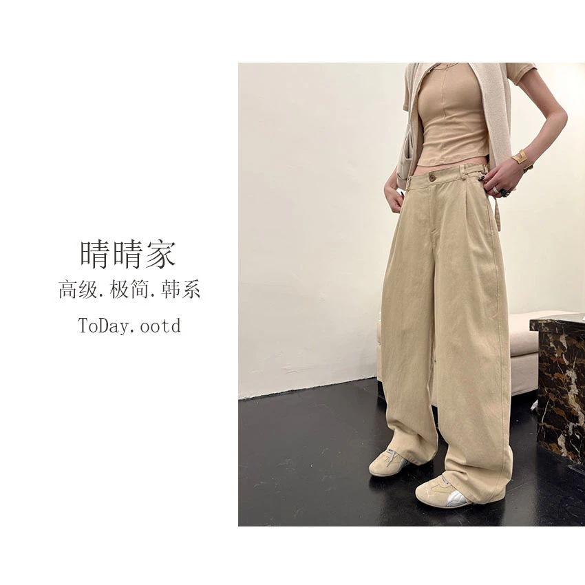 晴晴家-【时髦腿精】韩系时尚捏褶阔腿百搭显瘦牛仔休闲裤5266