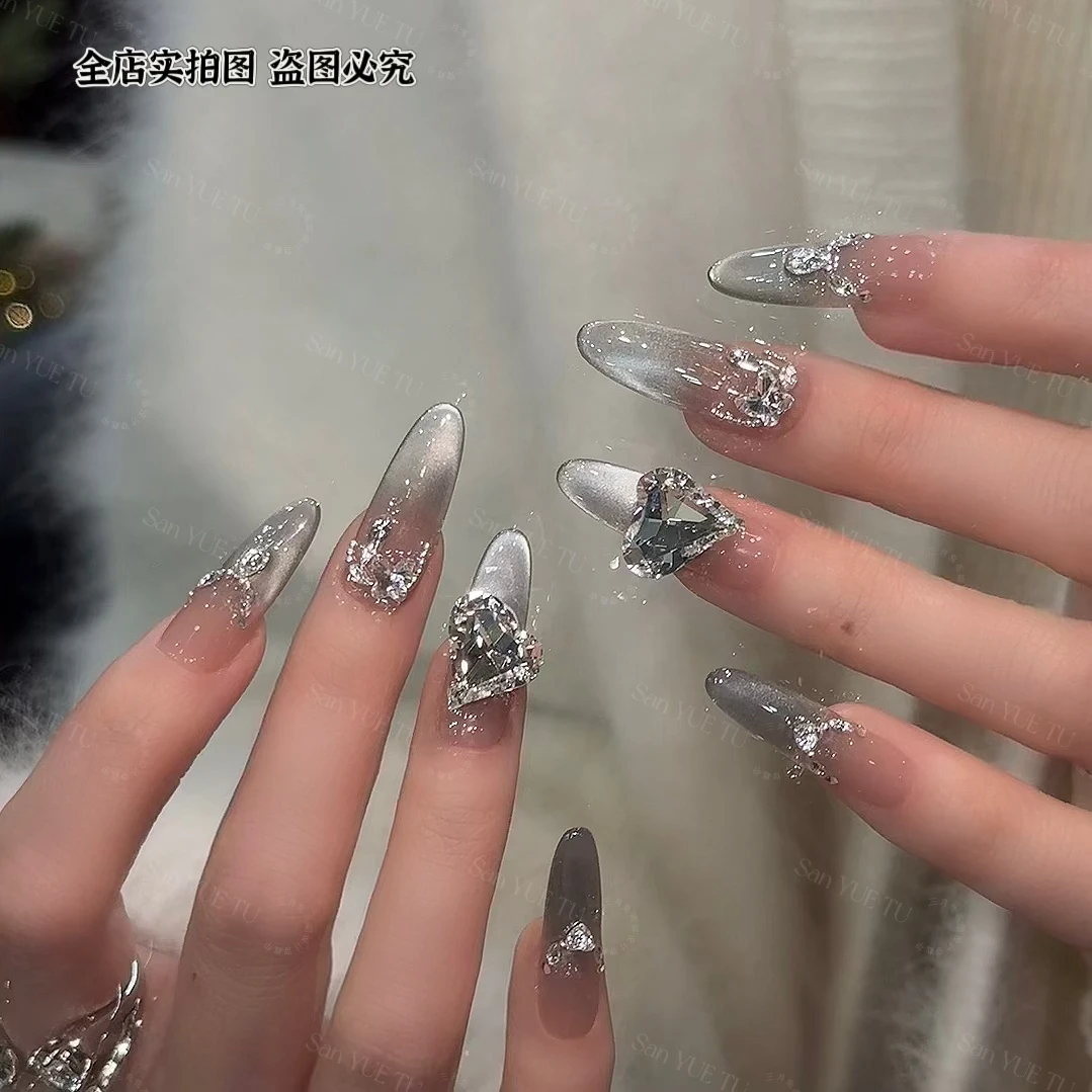 月落星河-三月兔纯手工穿戴甲春季美甲显白可拆卸钻饰爆闪穿戴甲