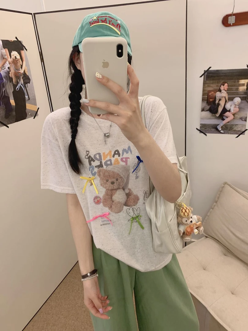 A32-【천억수출입】韩系~Egg彩点小熊蝴蝶结T