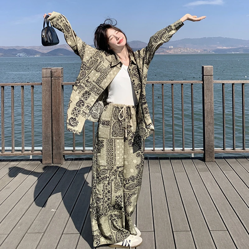 港风复古套装女春夏2025新款慵懒风水墨印花衬衫外套阔腿裤两件套