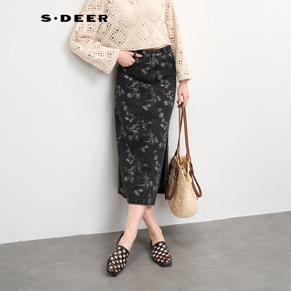 S·DEER圣迪奥复古印花休闲优雅春夏重工轻奢开叉半身裙S252Z1106