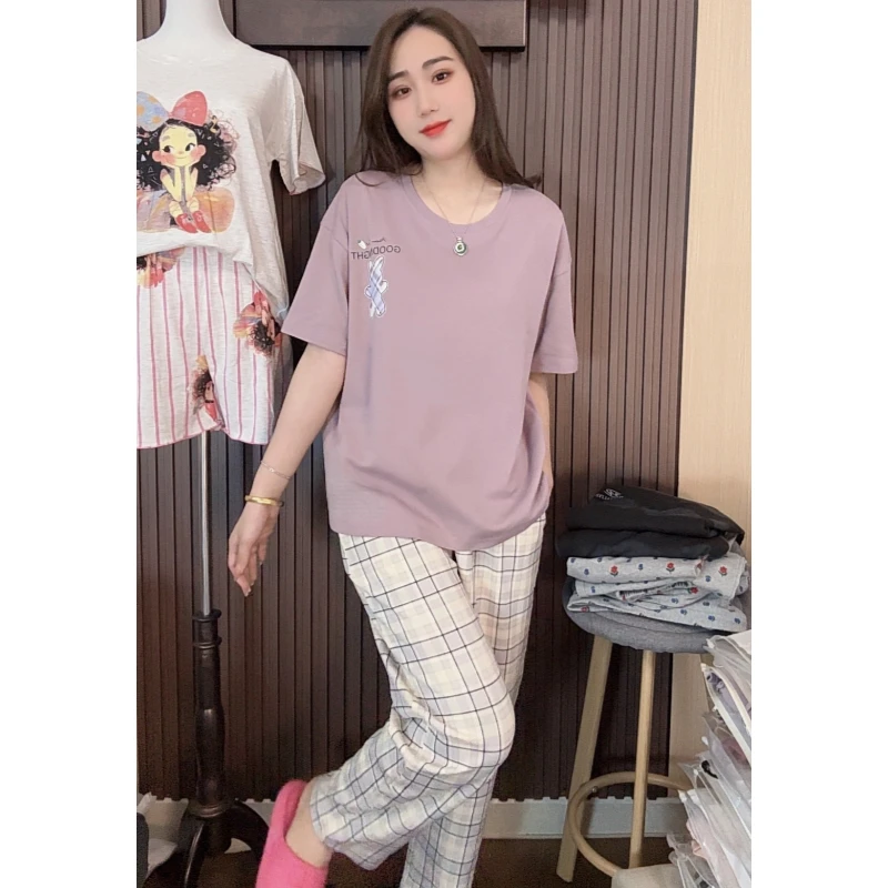 胸垫版睡衣女夏款纯棉短袖长裤休闲可外穿家居服套装（菱格兔）