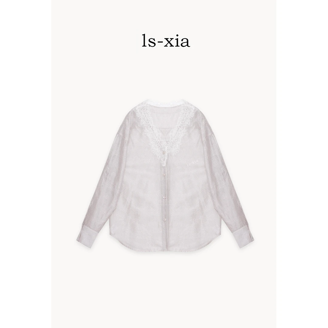 【溯月】优雅时尚条纹衫刺绣蕾丝V领边衬衫