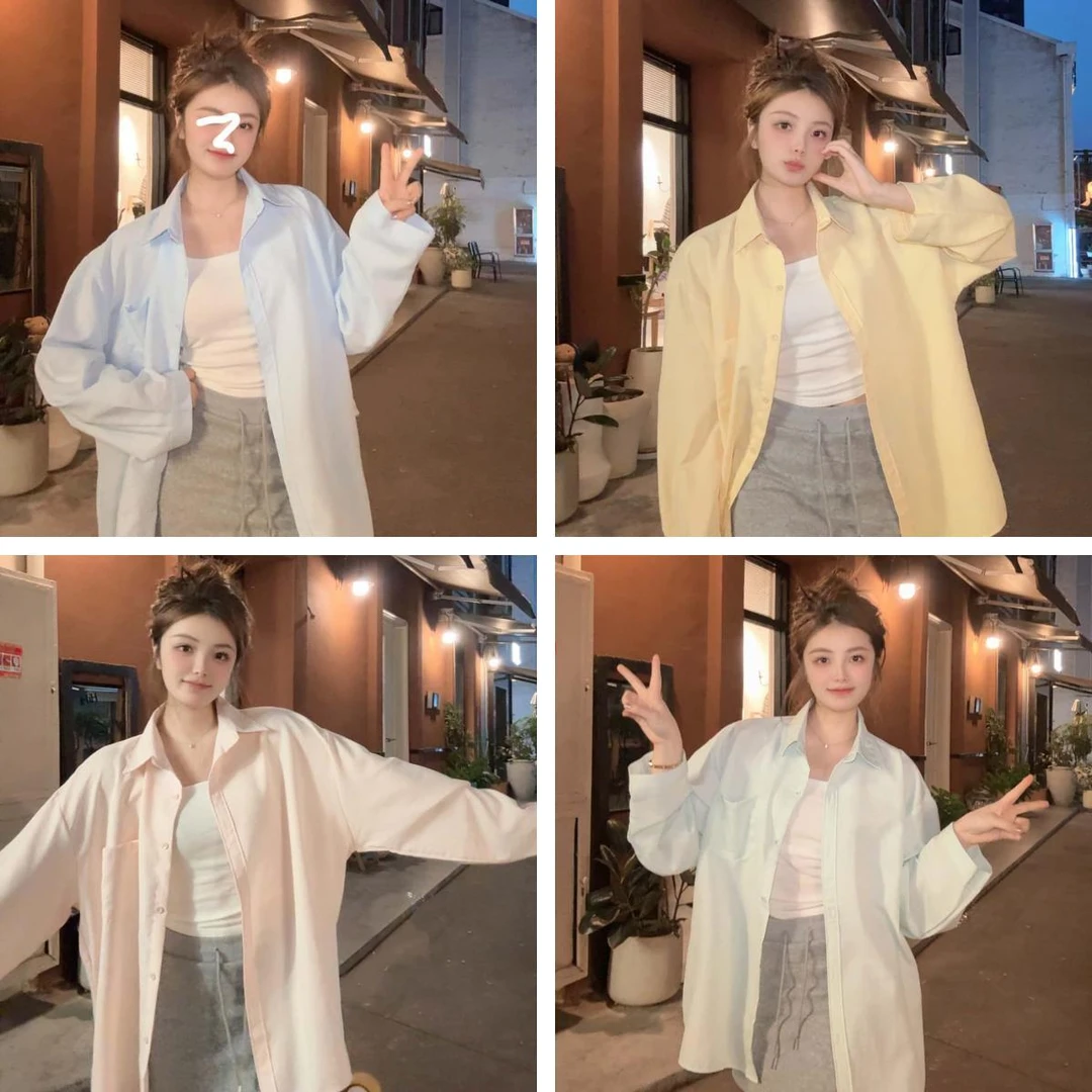 【现货】复古百搭港味长袖BF风纯色衬衫女春夏秋宽松设计感防晒衬衣