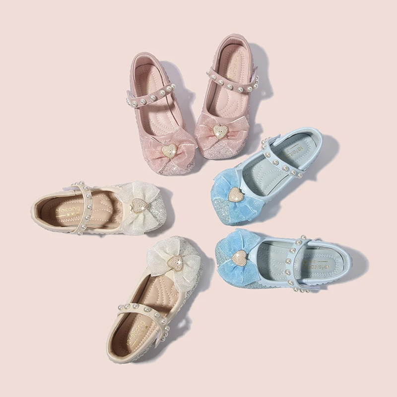 女童爱莎水晶公主鞋春秋夏季蝴蝶结时尚软底皮鞋