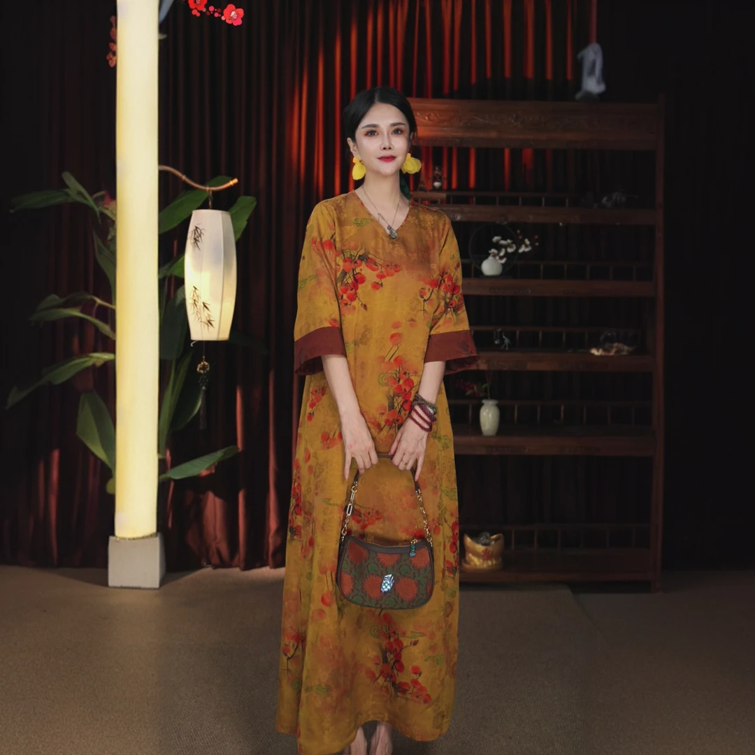 延禧-《柿柿如意》非遗香云纱新款100桑蚕丝红云纱罗缎双面穿连衣裙