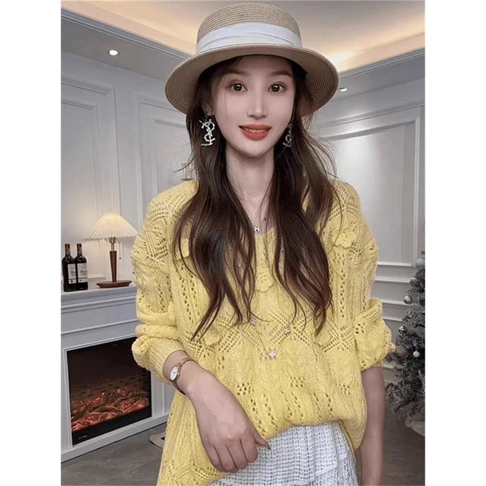 2025时尚镂空钩花薄款针织衫女春夏新款韩系设计感外穿爆款毛衣潮