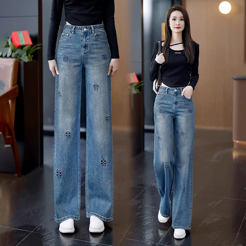 2025年牛仔裤女春秋新款烫钻直筒裤美式高街宽松高腰窄版阔腿裤子