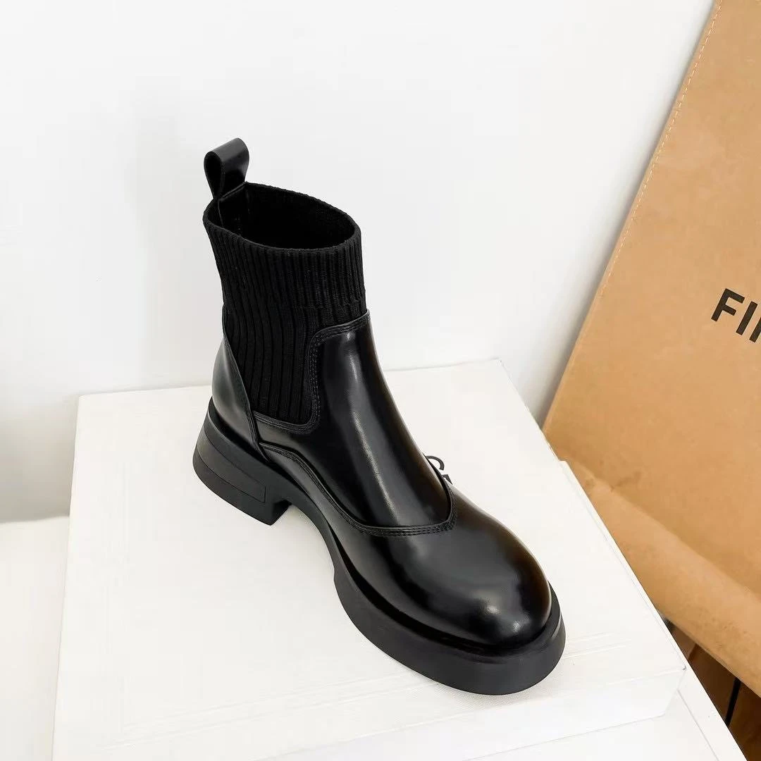 [鞋老板X2]英伦风秋季热卖款休闲时尚牛皮针织短靴舒适手工靴1321