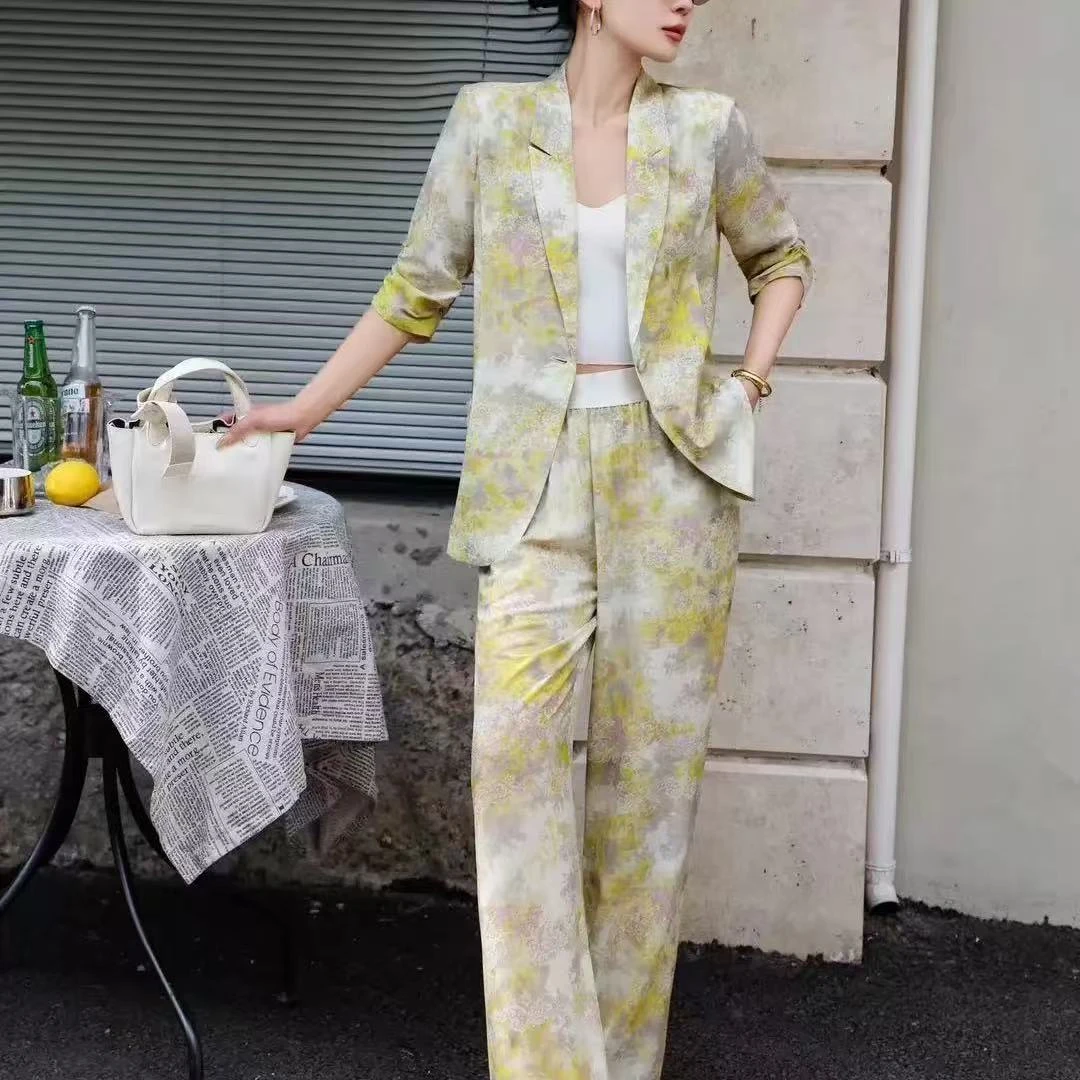 女士春夏气质时尚短袖西装上衣搭配直筒裤套装
