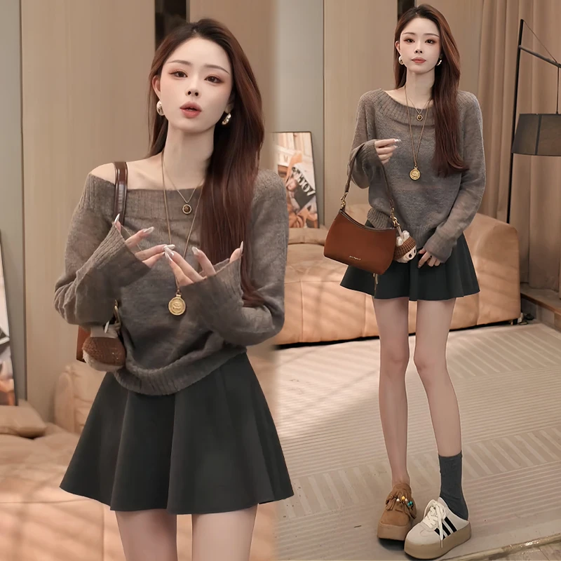 时尚百搭纯色针织衫女2025年秋冬新款慵懒风休闲宽松显瘦拼接上衣