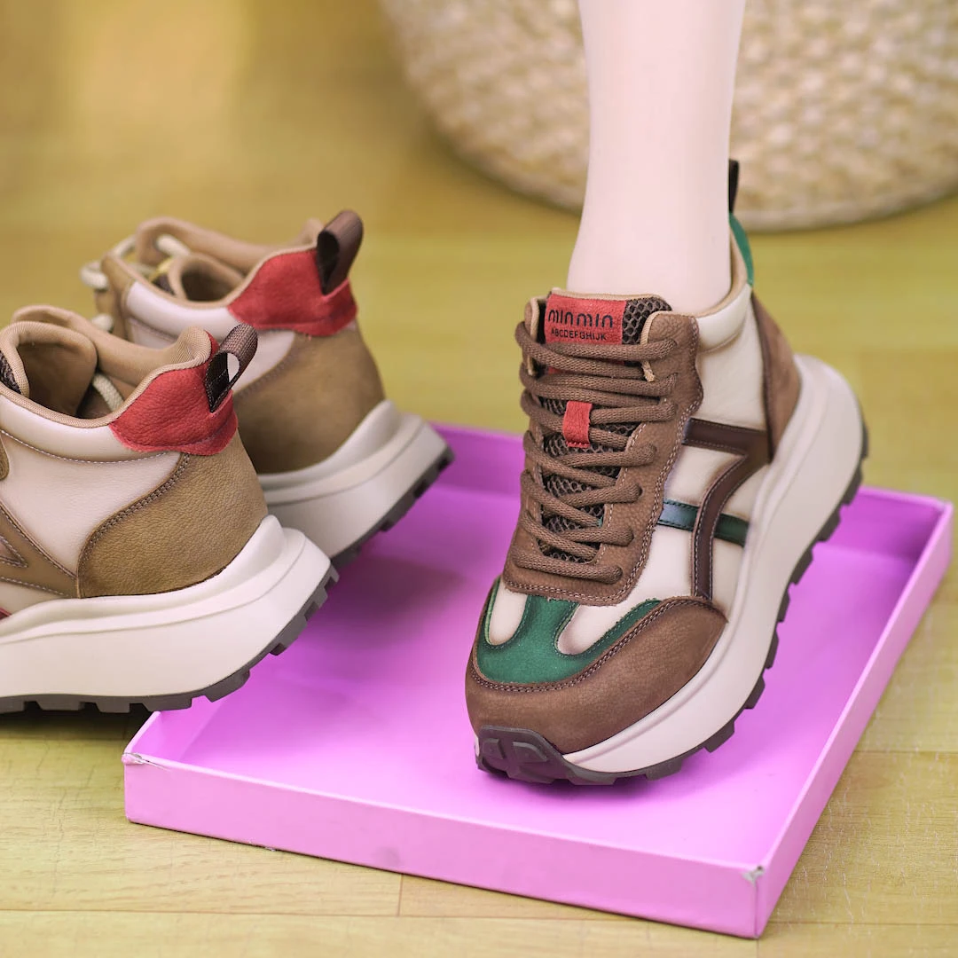 NP56-6335真皮新款女纯牛皮厚底拼色系带老爹鞋百搭休闲运动单鞋