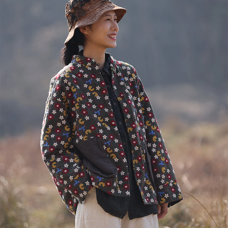 慢慢变蓝原创 荼泥染棉麻小花外套 立体提花外套对襟单排扣上衣