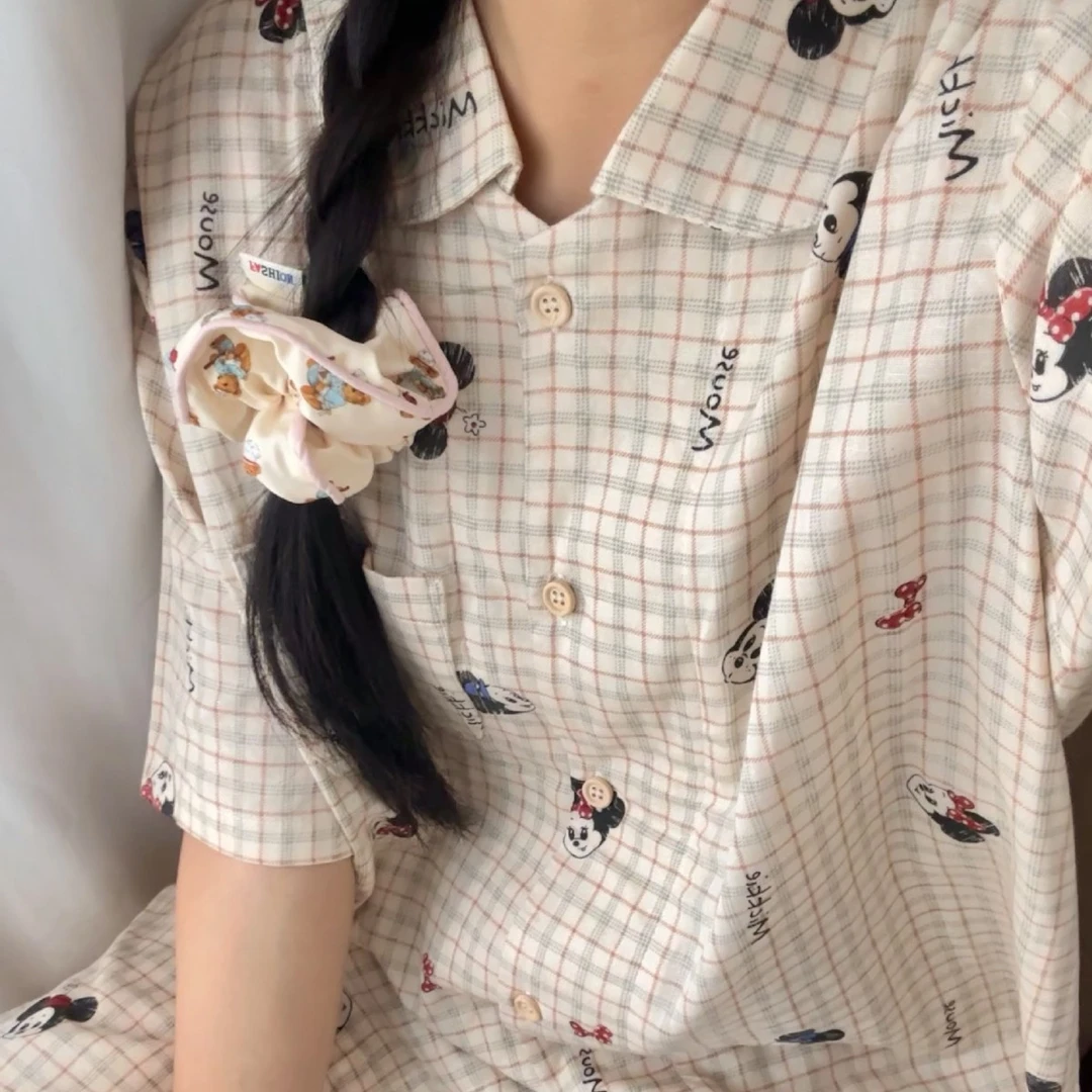 睡个好觉格子米奇25春夏新款女纯棉双层纱睡衣短袖长裤家居服套装