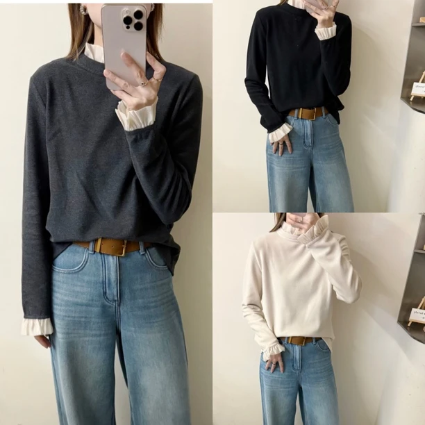 DMG韩版秋冬简约百搭拼接加绒半高领长袖打底T恤女加厚保3185