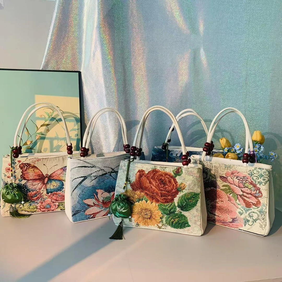 中号文艺民族风双面刺绣帆布包时尚双拉链双隔层国风手提包手拎包