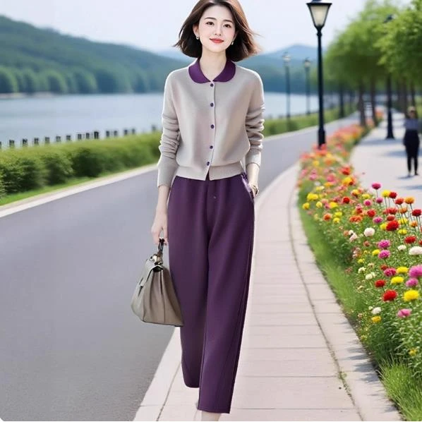 高级感撞色翻领针织衫+休闲气质裤子两件套