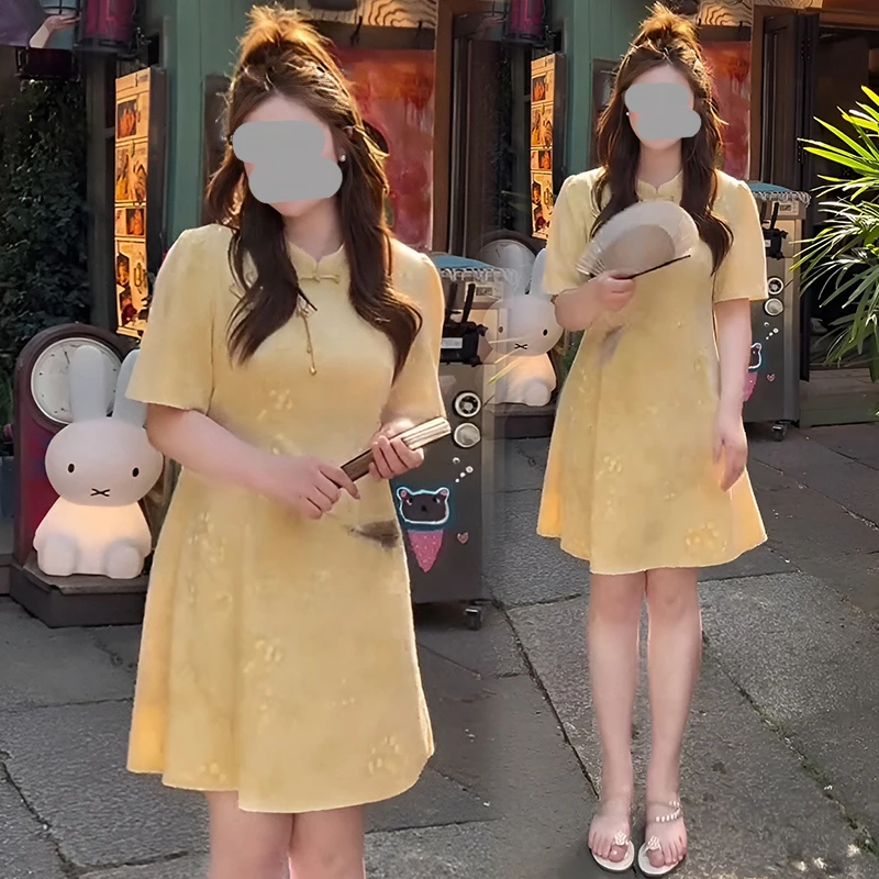 大码新中式国风复古短袖连衣裙女夏季梨型身材收腰气质超好看裙子