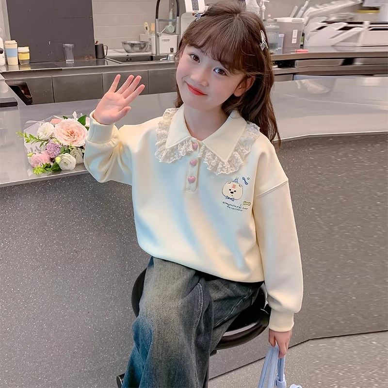 新2025新款polo领花边领上衣棉长袖中大女童春秋装秋款洋气儿童
