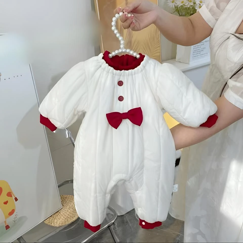 冬季A类休闲风套头拉链女宝加绒加棉爬服韩版宝宝女童公主连体衣