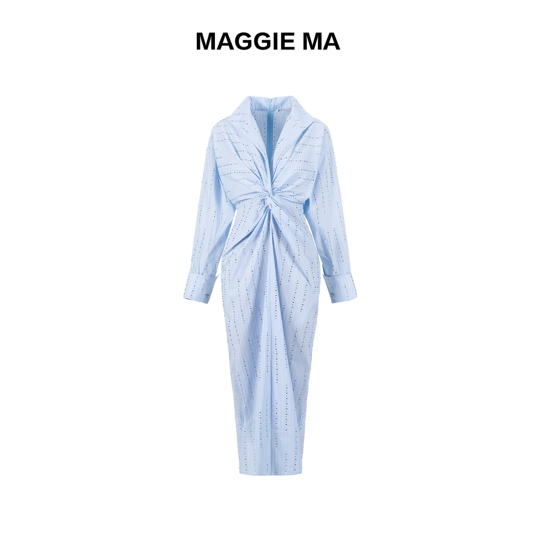 MAGGIE MA马婧设计师款浅蓝色条纹烫钻纽结褶皱衬衣连衣裙454D
