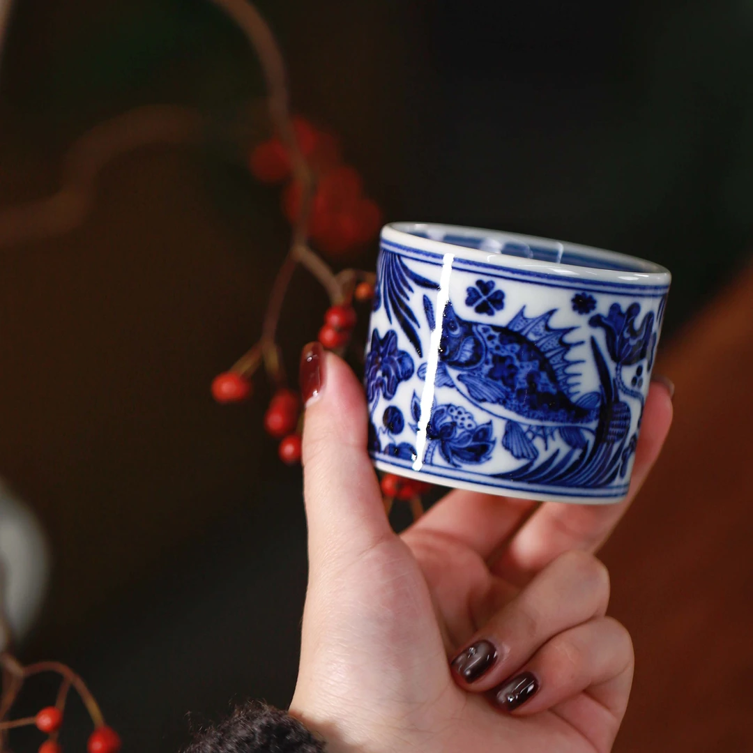 元黛工坊青花鱼藻纹小直口杯（大阪博物馆馆藏版）-单杯景德镇陶瓷